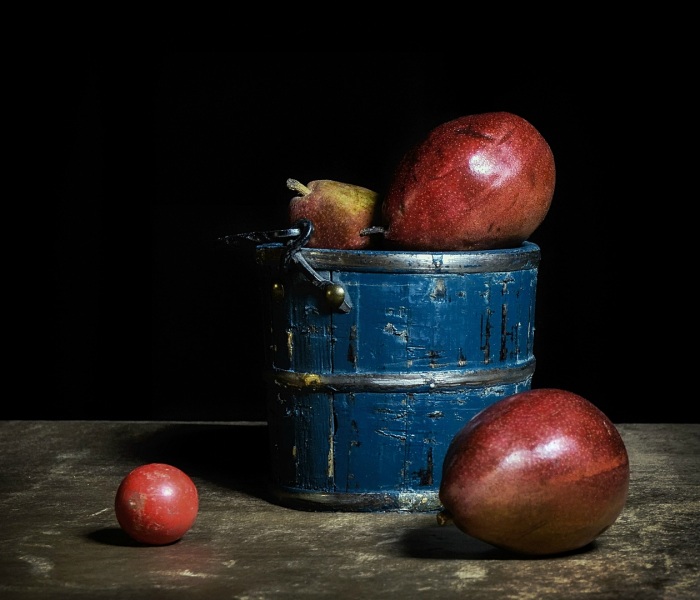 Blue Bucket, Red Ball, & a Bunch of Pears