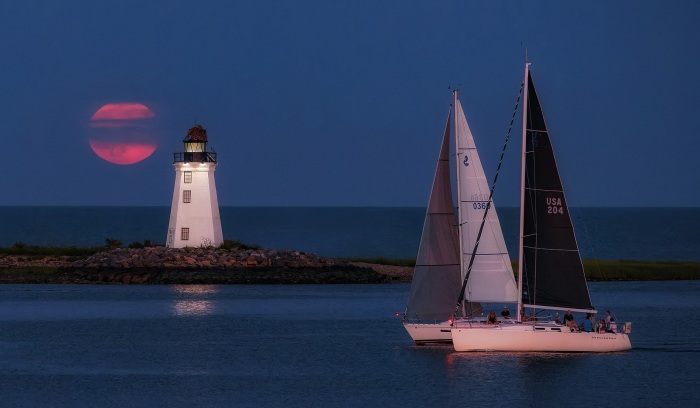 Blue Moon Rising Behind Fayerweather Light