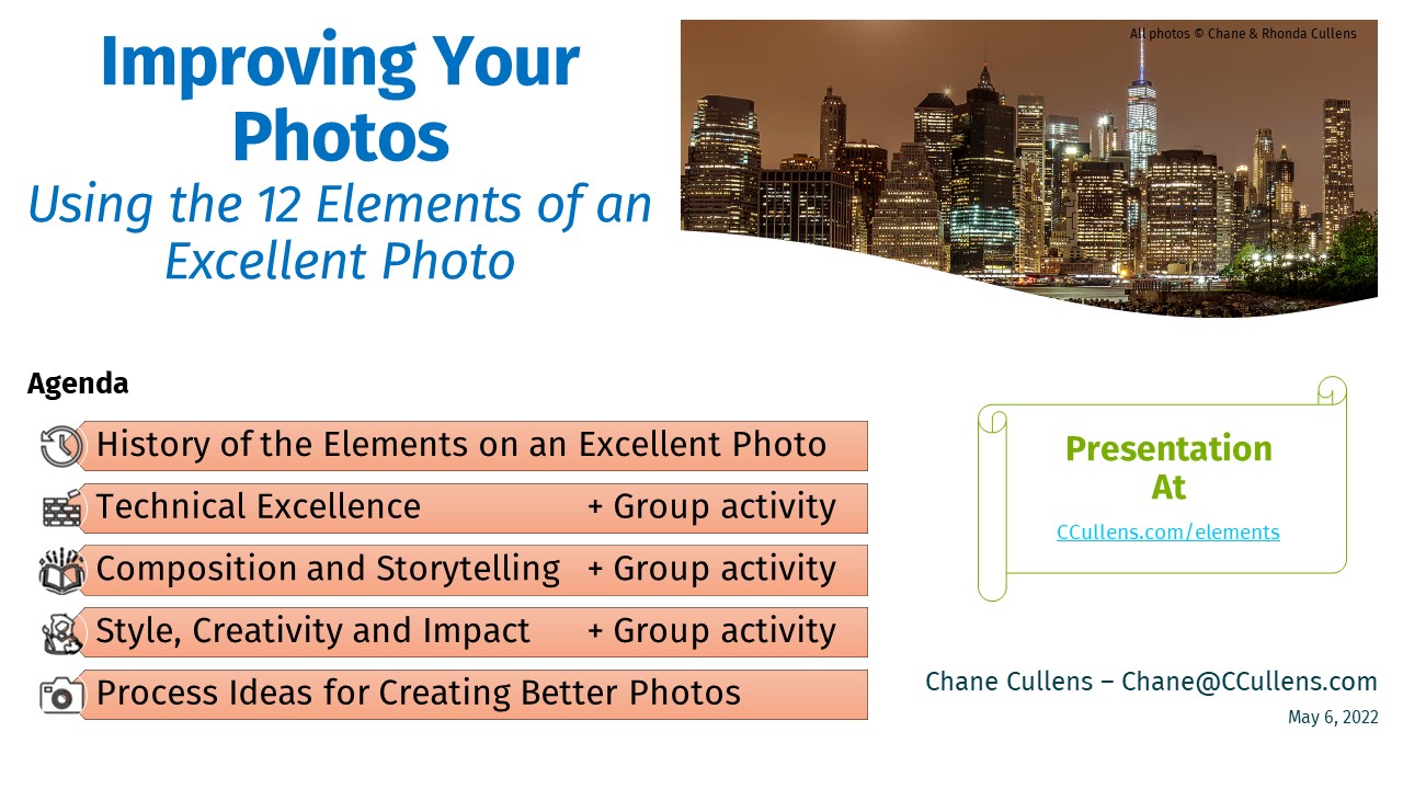 Video of Improving Your Photos Using the 12 Elements of an Excellent Photo for Oxford Greens Camera Club by Chane Cullens – May 4, 2022