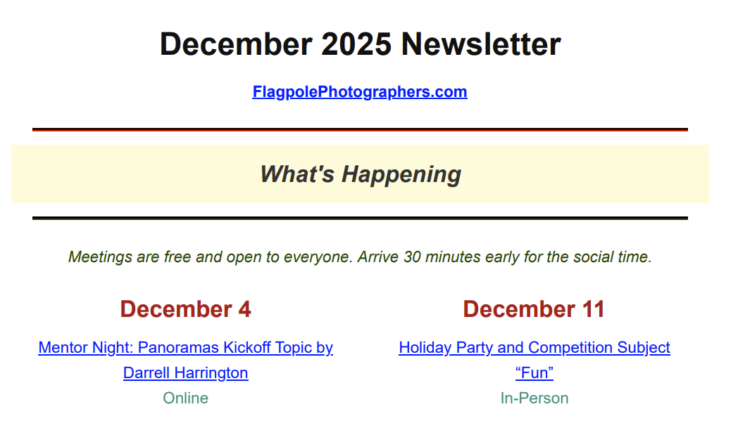 December 2025 – Flagpole Photographers Newsletter