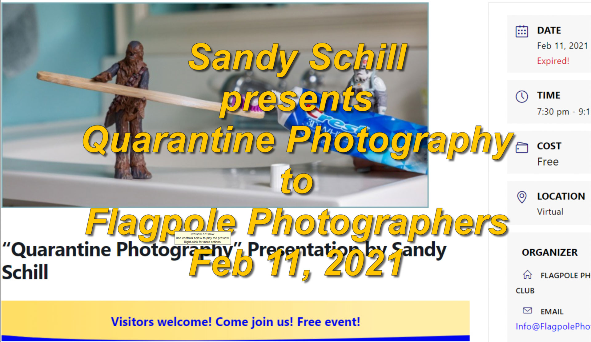 Video of Sandy Schill presentation Quarantine Photography – Feb 11, 2021